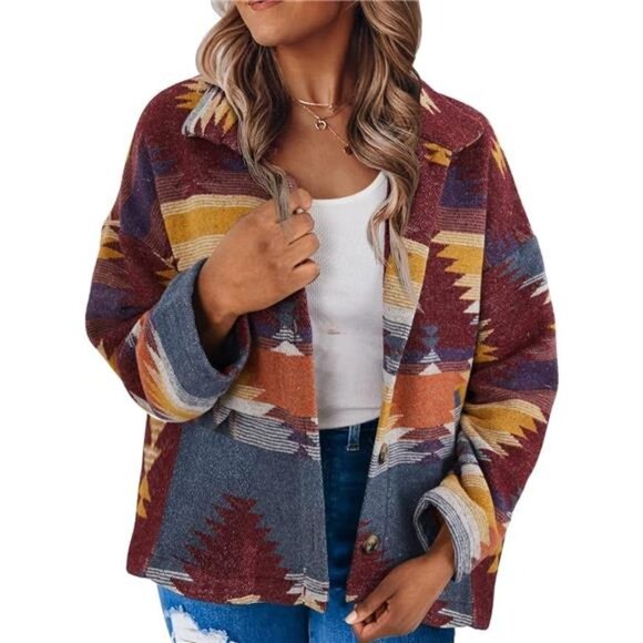 Red Aztec Tribal Southwestern Printed Button Down Corduroy Shacket Jacket - Picture 2 of 5